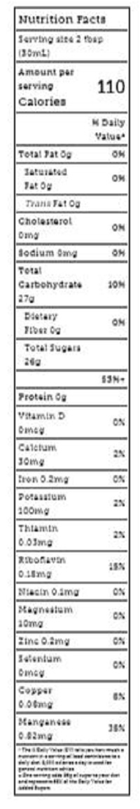 Pure Maple syrup nutritional label